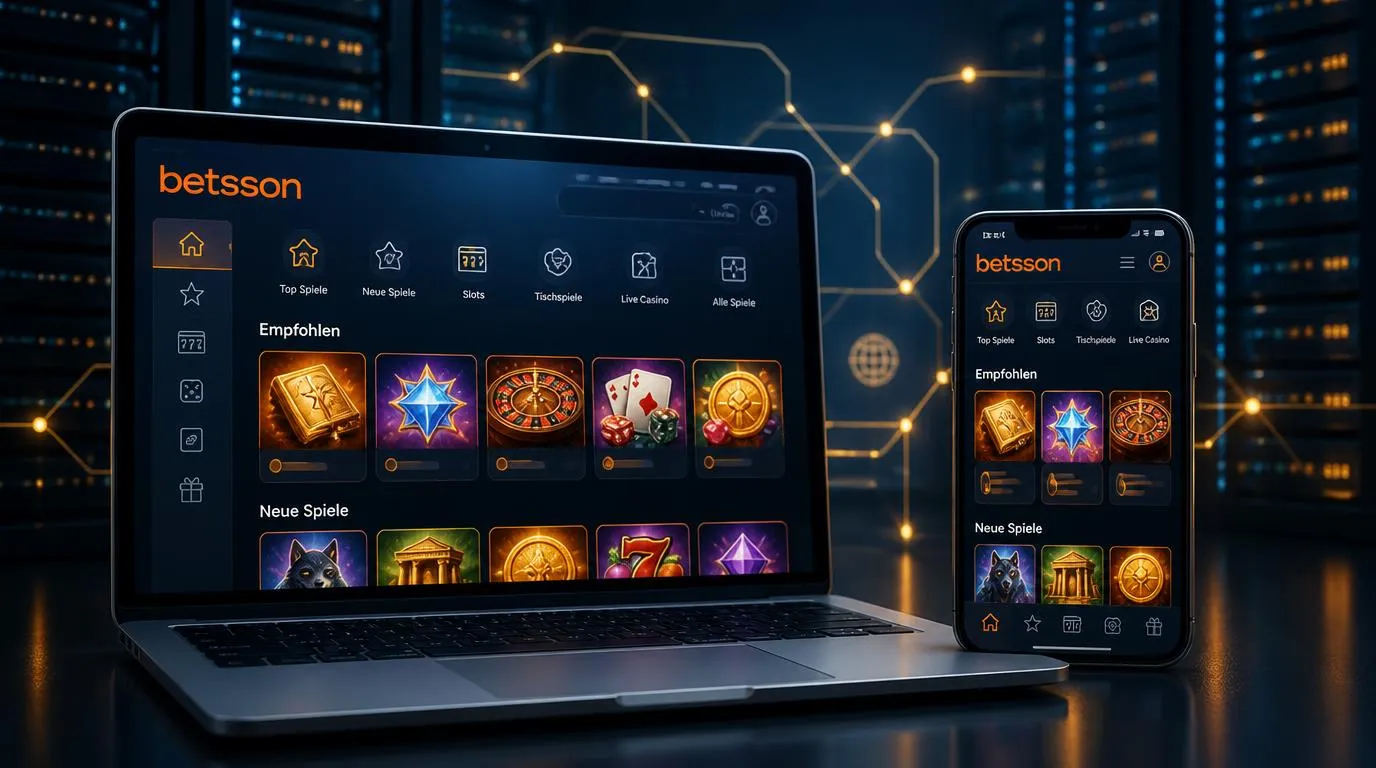 Casino-Oberfläche auf Smartphone und Laptop mit Spielkacheln und angedeuteter Servertechnik