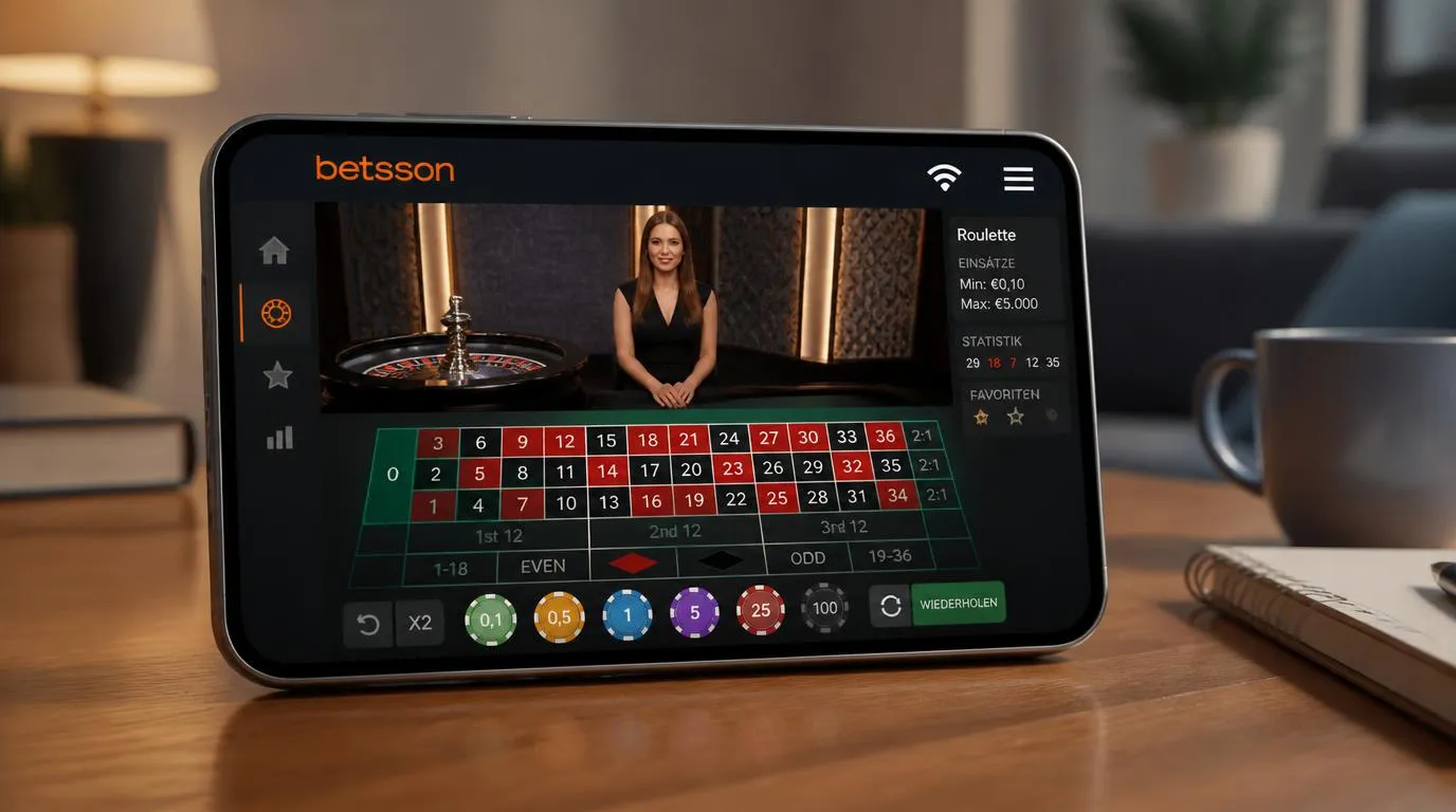 Smartphone mit Live-Casino-Lobby, Tischlimits und Videostream eines Roulettetischs