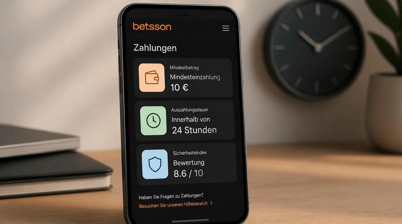 Smartphone mit Casino-Zahlungsübersicht, 10 € Mindesteinzahlung, Auszahlungszeit und Sicherheitsindex