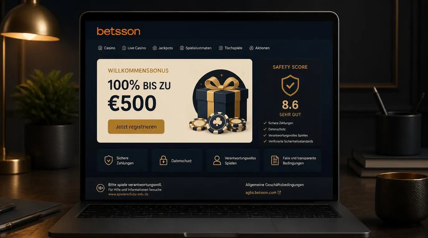 Illustration eines Casino-Angebots mit Bonusfeld, Sicherheitswert und Hinweisen zu den Bedingungen